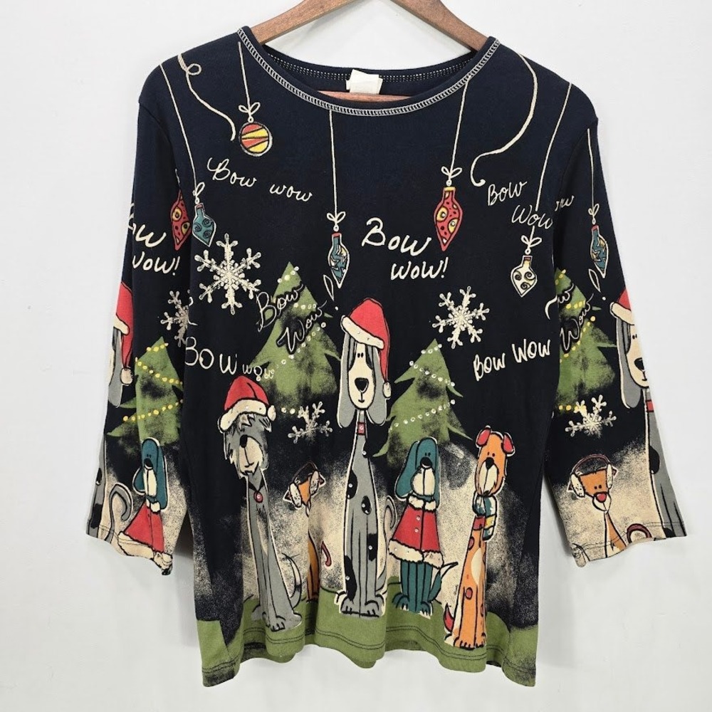 Vtg Jess & Jane Women TShirt M Black Long Sleeve Dog Christmas‎ Holiday Bow Wow
